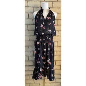 Black Floral Smocked Halter Maxi Dress Sleeveless Summer Dress Size Large